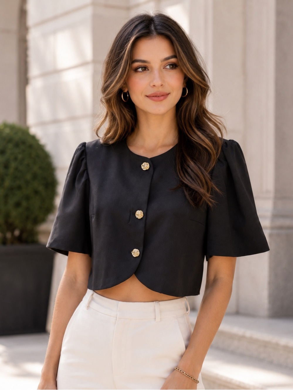 Made in Italy Chic Cropped Button-Up Blouse Elegant Puff Sleeve Top